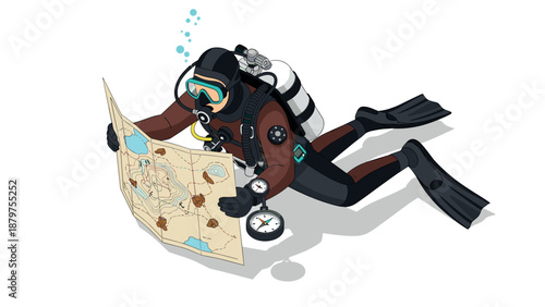 Isometric scuba diver exploring map underwater adventure concept