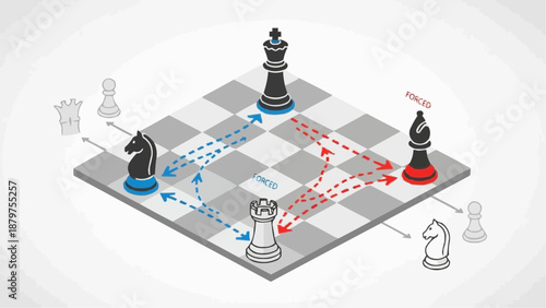 Isometric chess game illustration highlights possible moves for a black bishop knight and pawn against white pieces