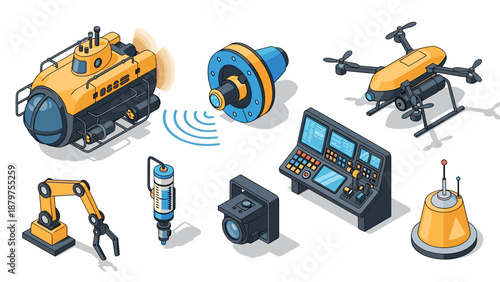 Isometric marine technology set with submarine, drone, and control panel