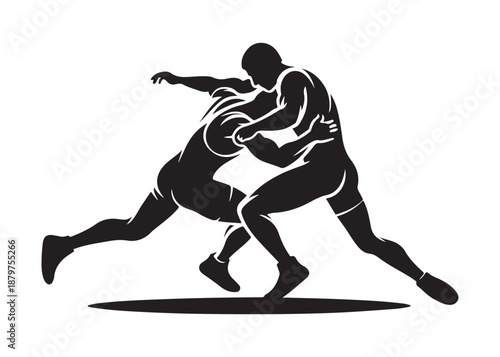 wrestling logo silhouette vector, wrestling boxing logo silhouette illustration, wrestling sport championship logo vector, two wrestlers fighting logo silhouette vector on white background.