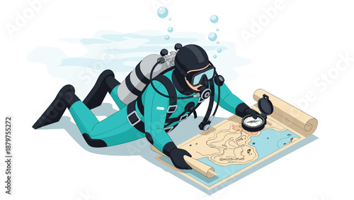 Scuba diver exploring map underwater in modern cartoon style
