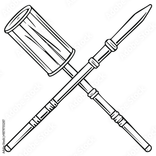 Crossed Medieval Spear and Drum Drumstick Vector Illustration