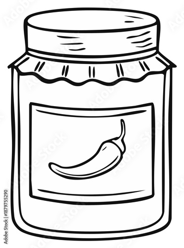 Line art icon of a homemade jar with hot chili pepper sauce or spicy salsa