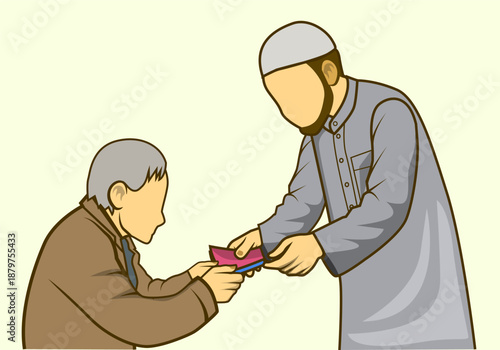 Muslim man giving money to an older person representing charity and kindness during religious tradition