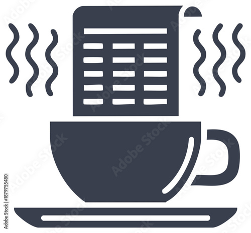 Cup with a steaming document, concept of reading news, analyze data