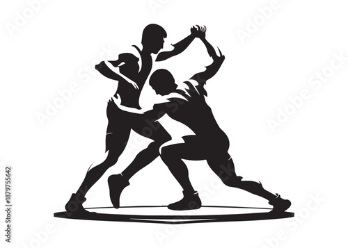 wrestling logo silhouette vector, wrestling boxing logo silhouette illustration, wrestling sport championship logo vector, two wrestlers fighting logo silhouette vector on white background.