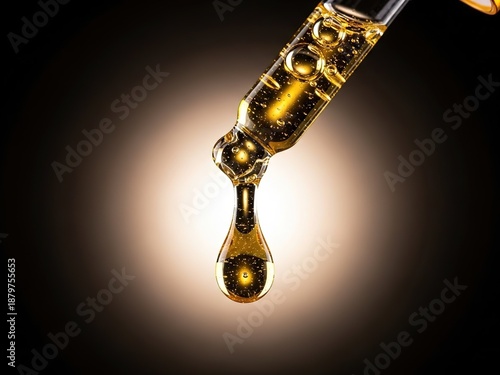Wallpaper Mural Macro Close Up of Cosmetic Dropper Releasing Golden Oil Liquid Drop for Skincare and Wellness Torontodigital.ca
