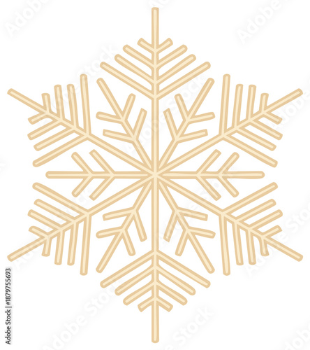 Simple golden snowflake graphic with six points and detailed crystalline branches for winter and holiday designs