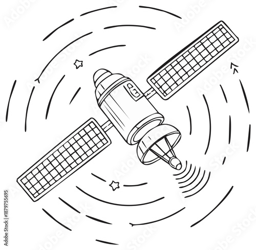 Hand drawn cartoon satellite orbiting in space and transmitting a signal vector line art