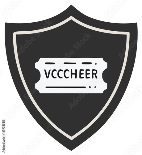 Stylized shield emblem incorporating ticket graphic and VCCCHEER text, protective design.