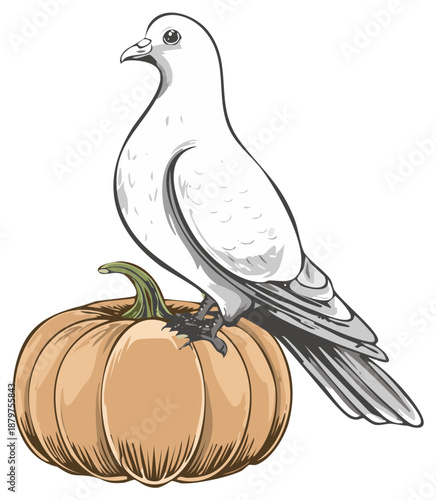 Dove Perched on a Pumpkin, Fall Harvest, Thanksgiving Celebration Illustration, Cartoon Style
