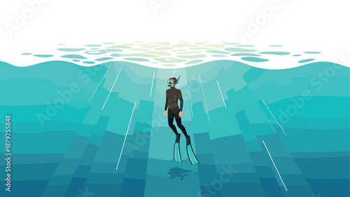 Silhouette diver exploring underwater in clear blue ocean