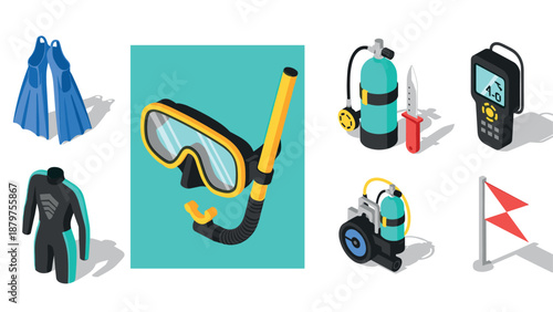 Isometric scuba diving gear set: fins, snorkel, wetsuit, and safety equipment