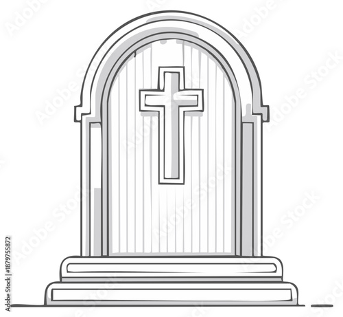 Hand drawn illustration of a tombstone with a Christian cross symbol for a grave memorial