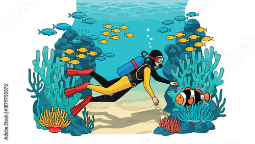 Colorful underwater scene with diver and marine life in vibrant cartoon style
