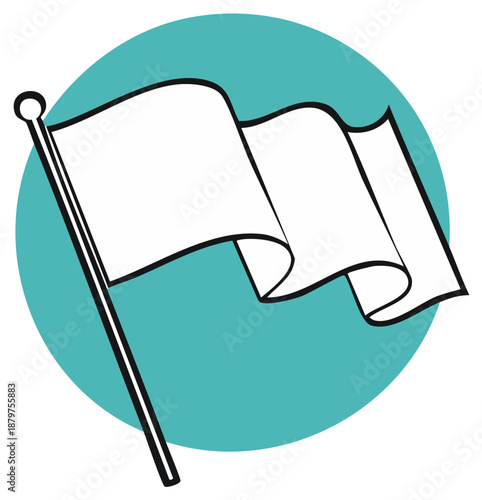 Clean white flag waving on a pole against a solid teal circle background simple graphic