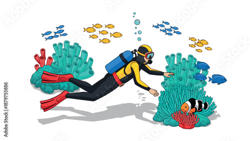 Scuba diver exploring vibrant coral reef with tropical fish animation