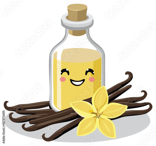 Happy Vanilla Extract Bottle with Beans and Flower Cute Cartoon Illustration
