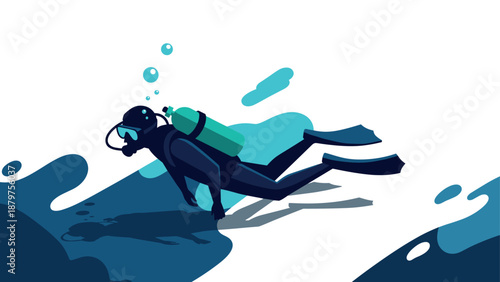 Diver swimming underwater with scuba gear in modern flat design