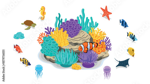 Colorful marine life surrounding a coral reef in an isometric underwater scene