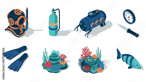 Dive into adventure: underwater exploration gear and marine life in isometric view