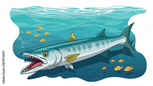 Colorful underwater scene with barracuda and tropical fish