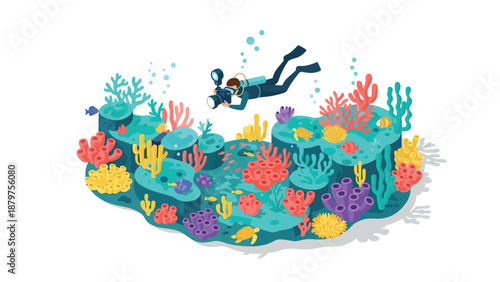Underwater exploration: scuba diver photographing vibrant coral reef ecosystem