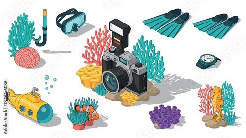Underwater adventure gear with camera and marine life in isometric style