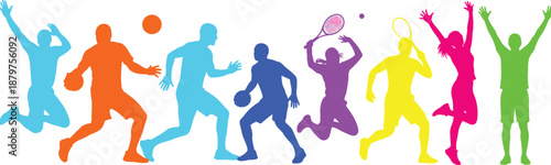 Colorful silhouette illustration of athletes playing various sports—handball, basketball, volleyball, football, tennis—ideal for energetic design, fitness themes, and sports promotion visuals.