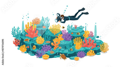 Underwater exploration: diver capturing vibrant coral reef scene