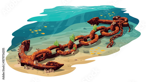 Rustic underwater scene with submerged anchor and marine life