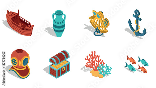 Colorful isometric nautical icons featuring underwater and maritime objects