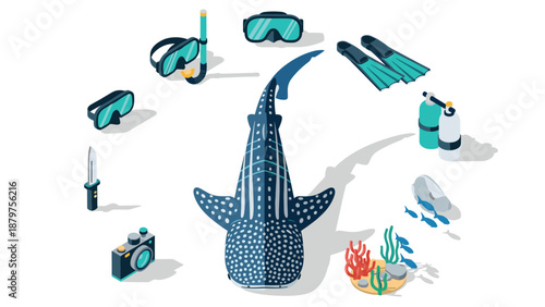 Isometric diving adventure with whale shark and gear collection