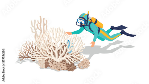 Scuba diver exploring vibrant coral reef in colorful underwater scene