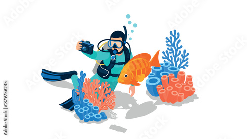 Scuba diver photographing colorful coral and fish in underwater adventure