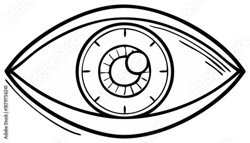 Clockwork Eye Surreal Graphic Art Black and White Illustration of Vision, Time and Perception in Outline Style