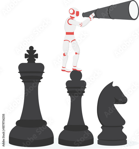 Robot Standing on Chess Pieces with Telescope
