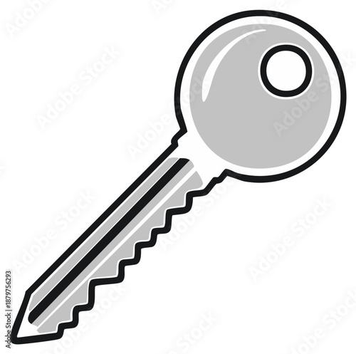 Single Gray Key Illustration for Security Access Solution in a Simple Style, Depicting Keyring and Serrated Edge