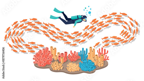 Scuba diver exploring vibrant coral reef with school of fish in underwater scene