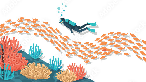 Isometric underwater scene with diver and fish swimming in coral reef