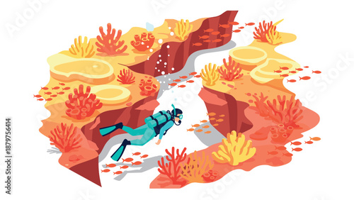Underwater exploration in vibrant coral reef isometric style