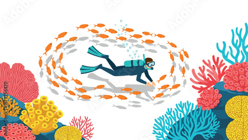 Diver surrounded by vibrant coral and fish in an underwater adventure scene