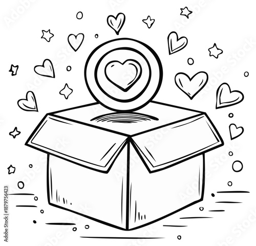 Donation box with heart coin and floating hearts, charity concept.