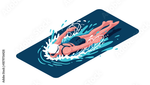 Female swimmer in action with splashing water in isometric style