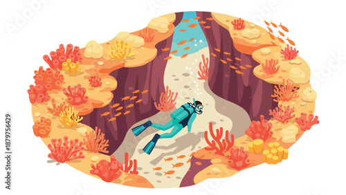 Diver exploring vibrant coral reef in isometric underwater scene with exotic fish