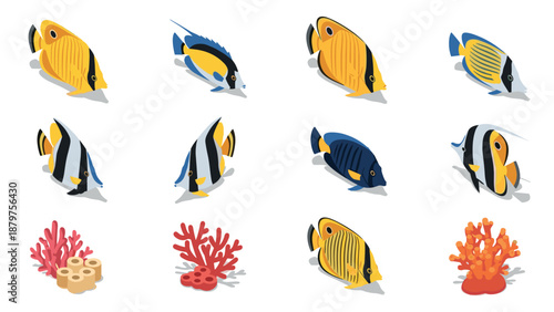 Colorful marine fish and coral in isometric design