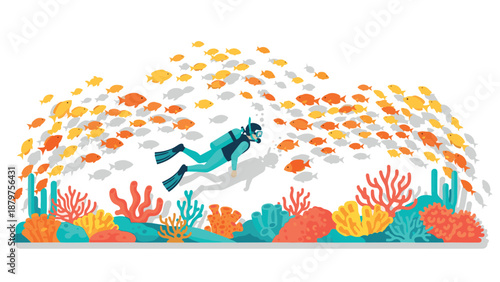 Underwater scene with diver and colorful fish in a vibrant coral reef
