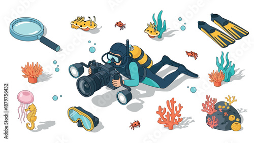 Diver captures vibrant marine life underwater in exciting adventure illustration