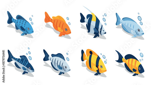 Colorful isometric aquarium fish collection with bubbles