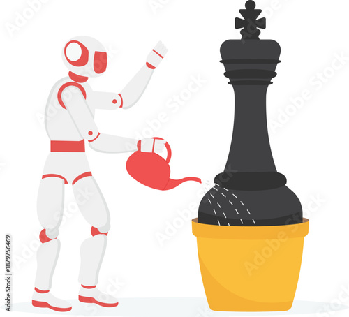 Robot Watering Chess Piece in Pot